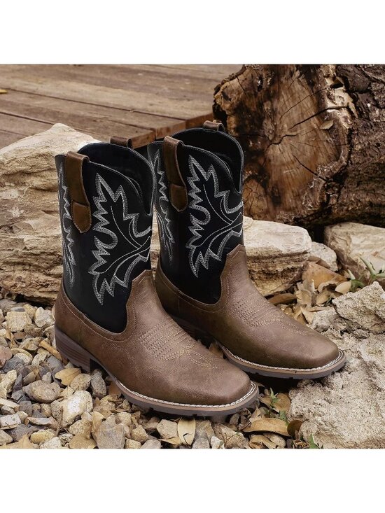 Men\'s Brown Faux Leather Slip on Square Toe with Classic Embroidered Boots main image 4